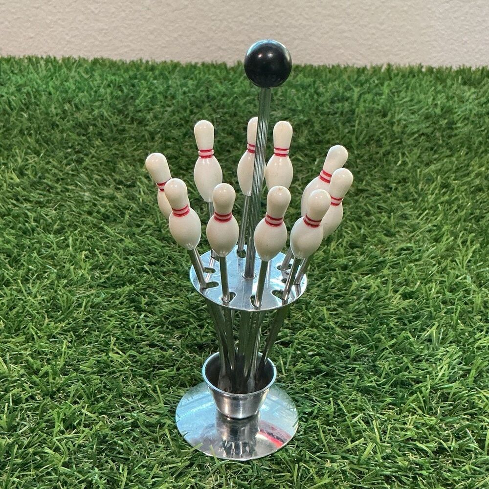 Vintage Bowling Pin Cocktail Picks Set 10 w/ Chrome Stand New Shot Barware MCM